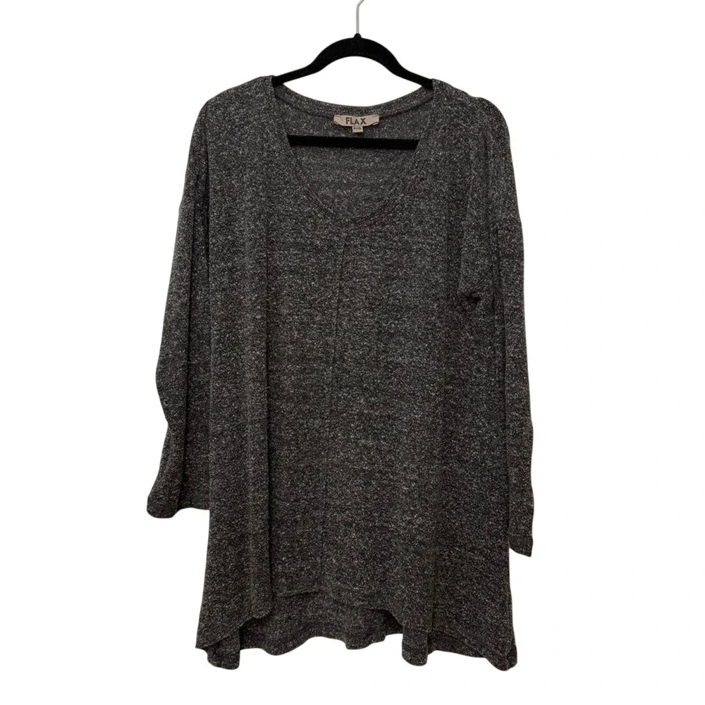 FLAX Womens Marled Knit V-Neck Tunic Sweater Charcoal Gray S Made in USA